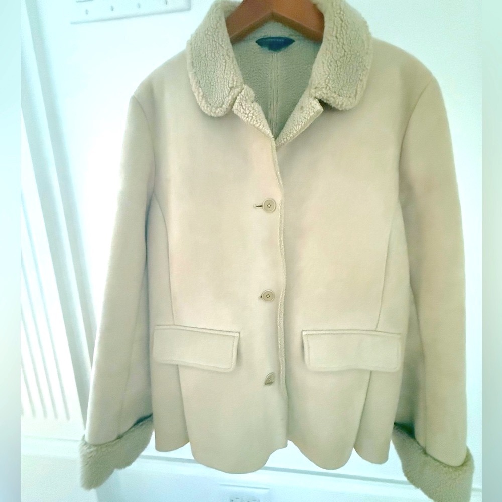 Women's Suede Sherpa Coat Jacket Lands End Cream FAUX Shearling Pea Coat Size L - Picture 11 of 16